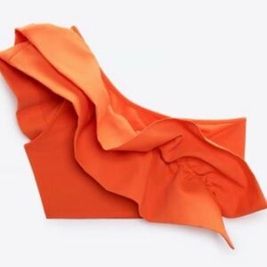 Zara Orange Ruffle One-Shoulder Crop Top